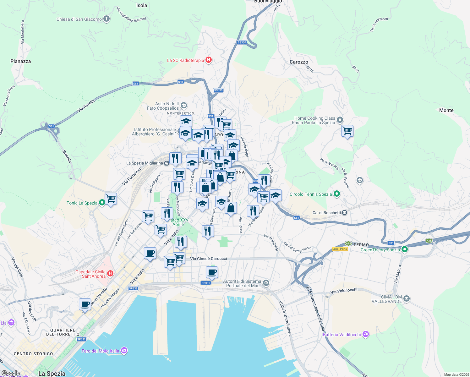 map of restaurants, bars, coffee shops, grocery stores, and more near Via Gagliola in La Spezia