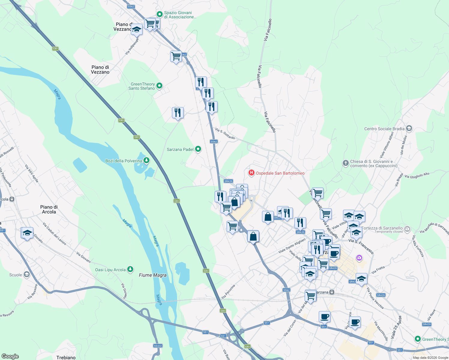 map of restaurants, bars, coffee shops, grocery stores, and more near 95 Via Cisa in Sarzana