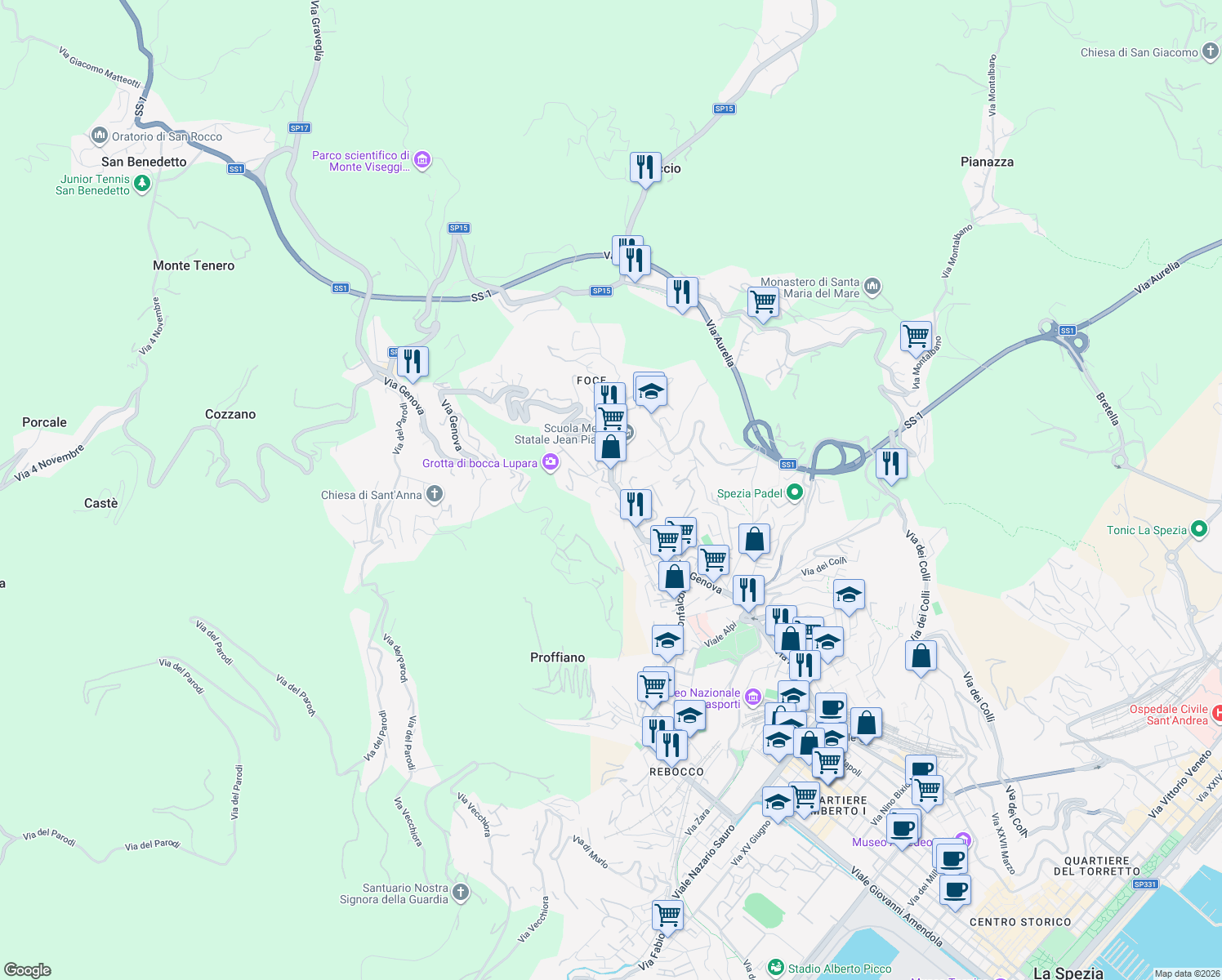 map of restaurants, bars, coffee shops, grocery stores, and more near 285 Via Genova in La Spezia
