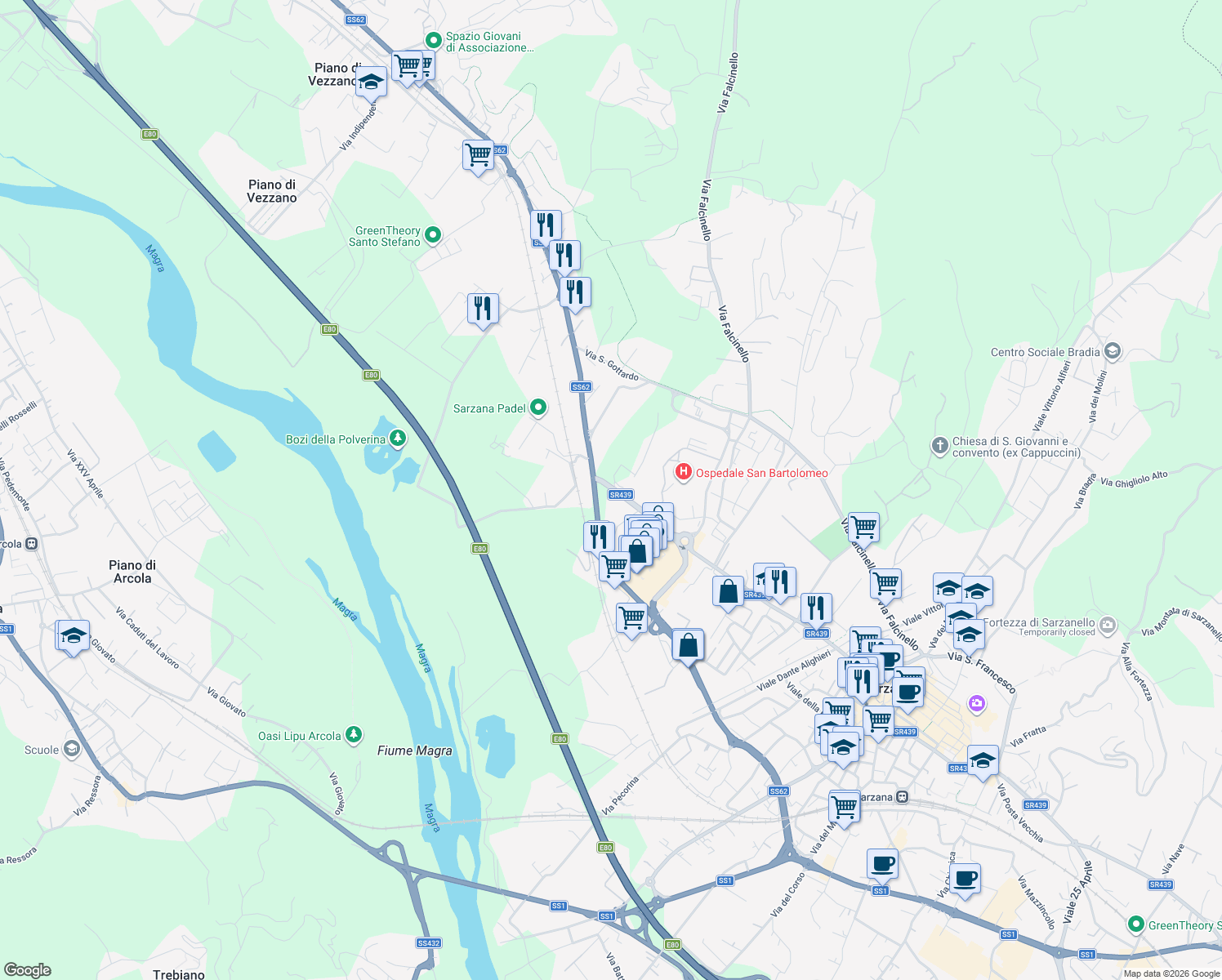 map of restaurants, bars, coffee shops, grocery stores, and more near 95 Via Cisa in Sarzana