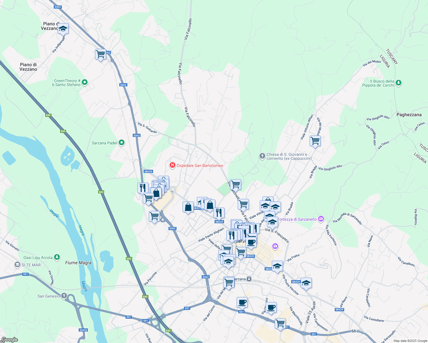 map of restaurants, bars, coffee shops, grocery stores, and more near 33 Via Falcinello in Sarzana