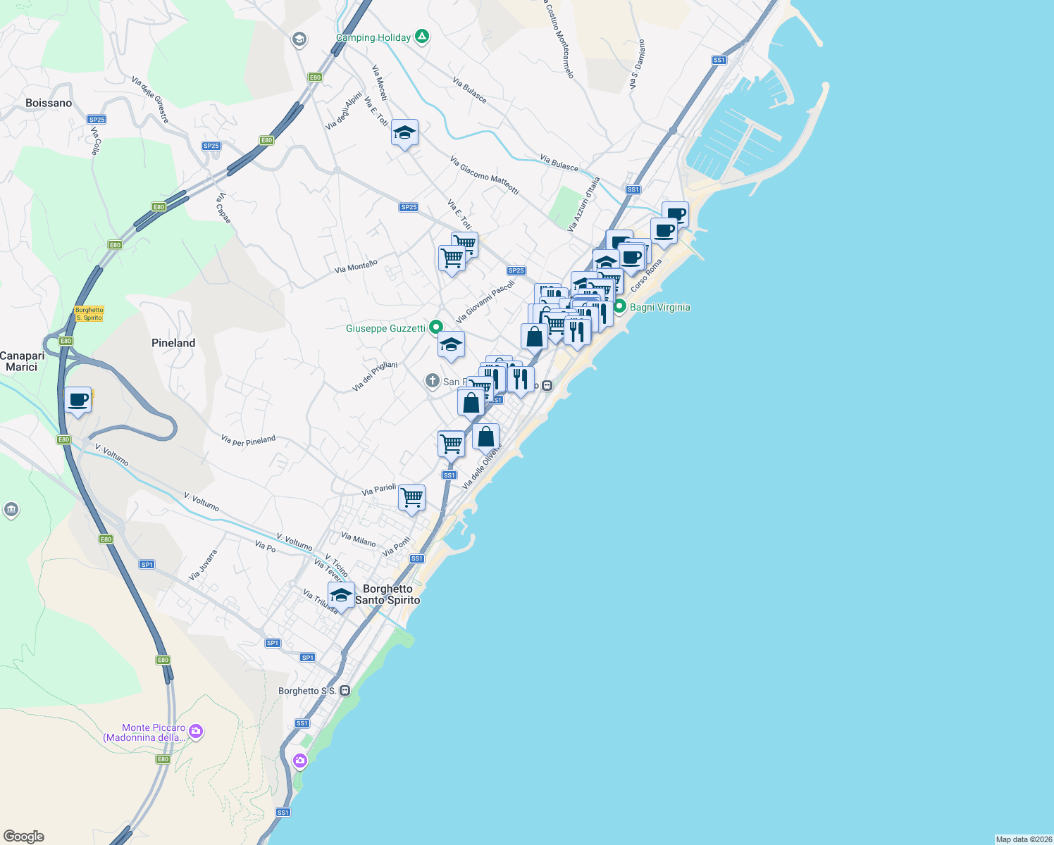 map of restaurants, bars, coffee shops, grocery stores, and more near Lungomare Marconi in Provincia di Savona