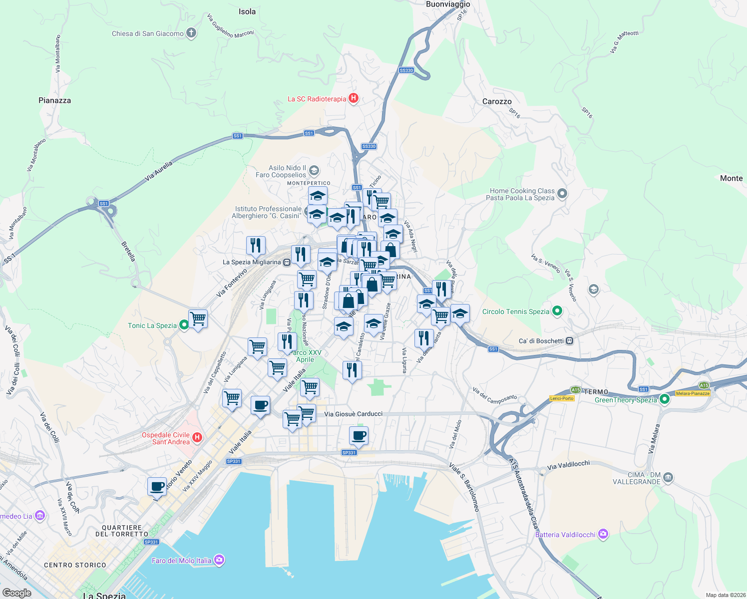 map of restaurants, bars, coffee shops, grocery stores, and more near 55 Piazza Concordia in La Spezia
