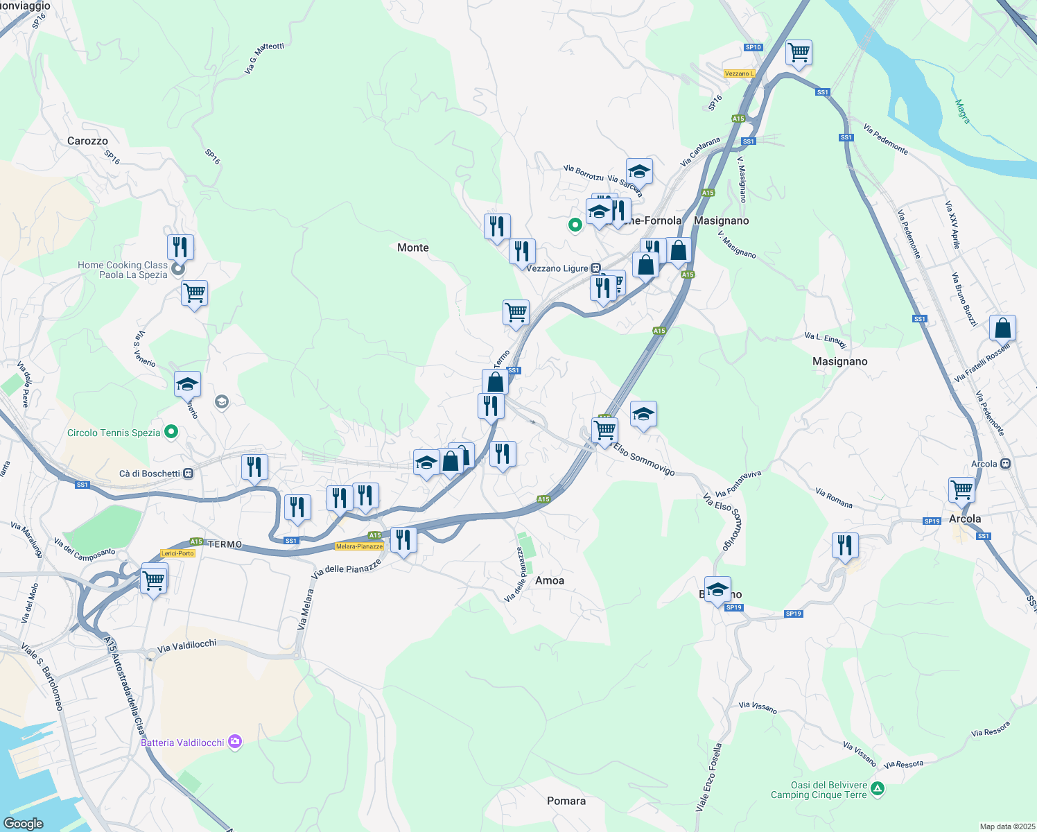 map of restaurants, bars, coffee shops, grocery stores, and more near 141 Via Elso Sommovigo in Arcola