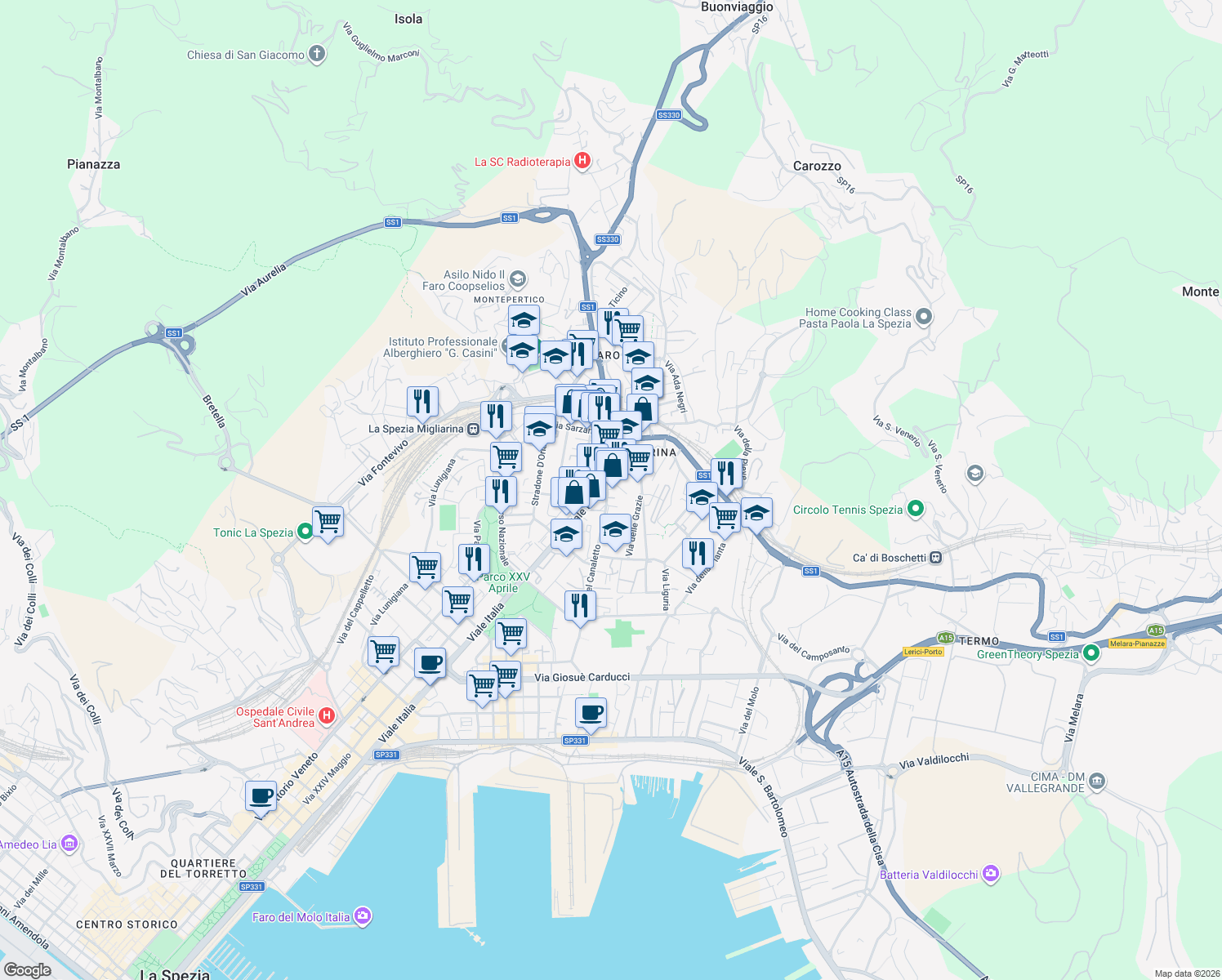 map of restaurants, bars, coffee shops, grocery stores, and more near 55 Piazza Concordia in La Spezia