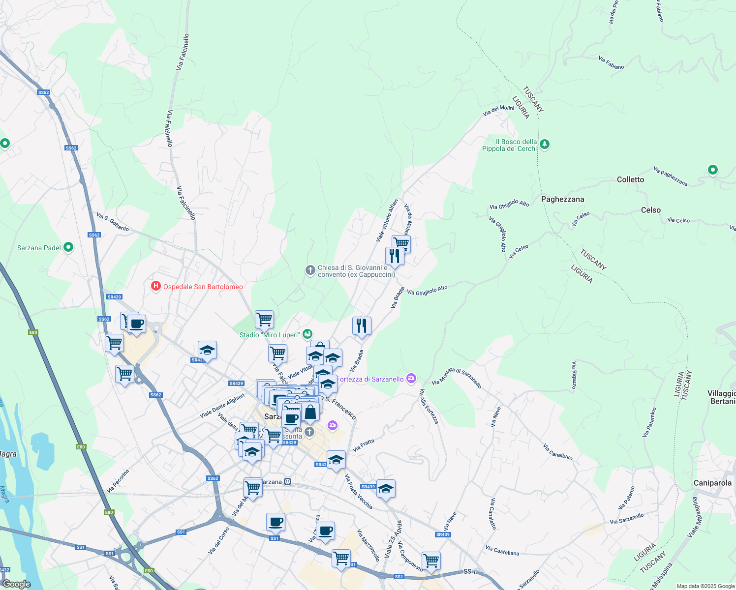 map of restaurants, bars, coffee shops, grocery stores, and more near 227 Via dei Molini in Sarzana