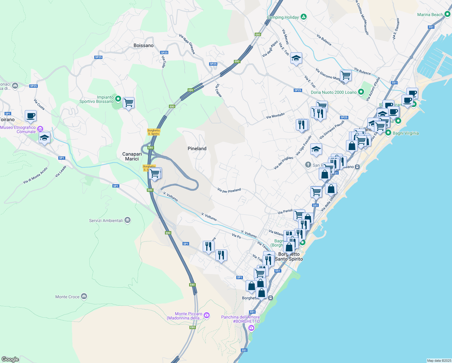 map of restaurants, bars, coffee shops, grocery stores, and more near 8 Via Castellaro in Borghetto Santo Spirito