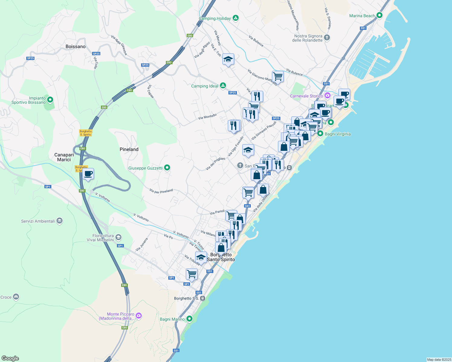 map of restaurants, bars, coffee shops, grocery stores, and more near 20 Via Como in Loano