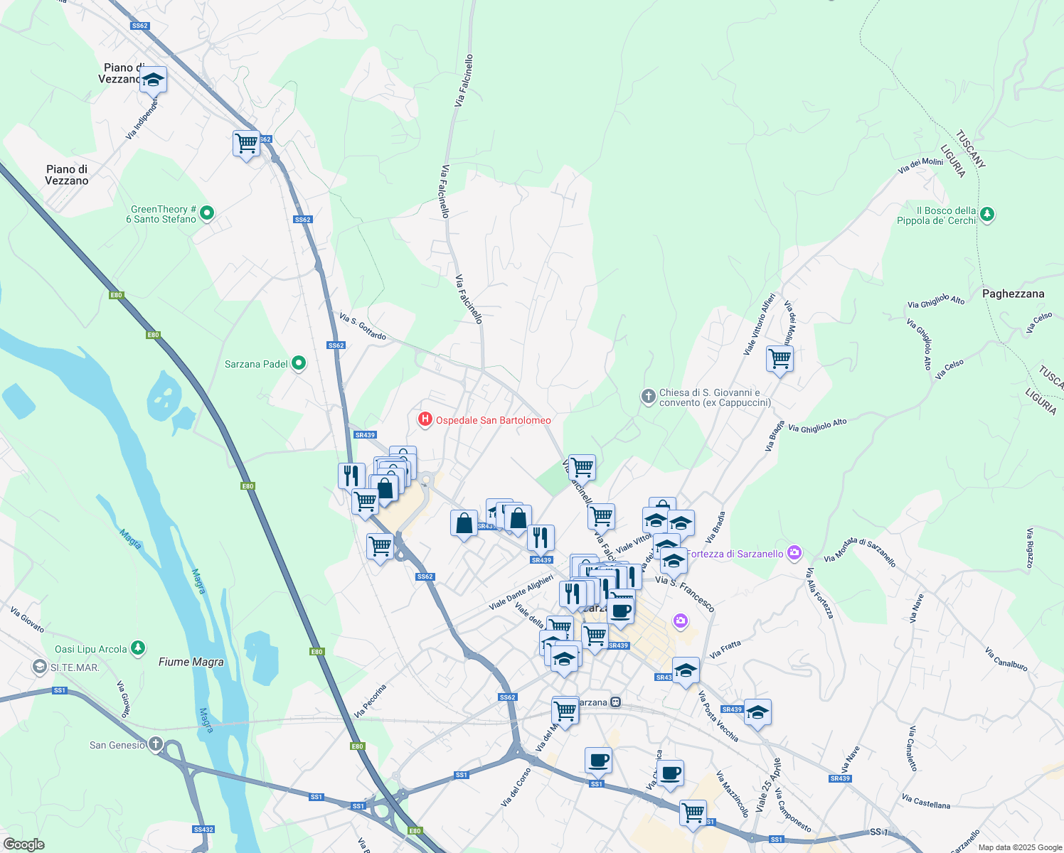 map of restaurants, bars, coffee shops, grocery stores, and more near 33 Via Falcinello in Sarzana