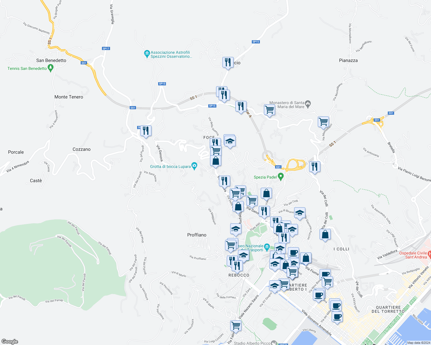 map of restaurants, bars, coffee shops, grocery stores, and more near 285 Via Genova in La Spezia
