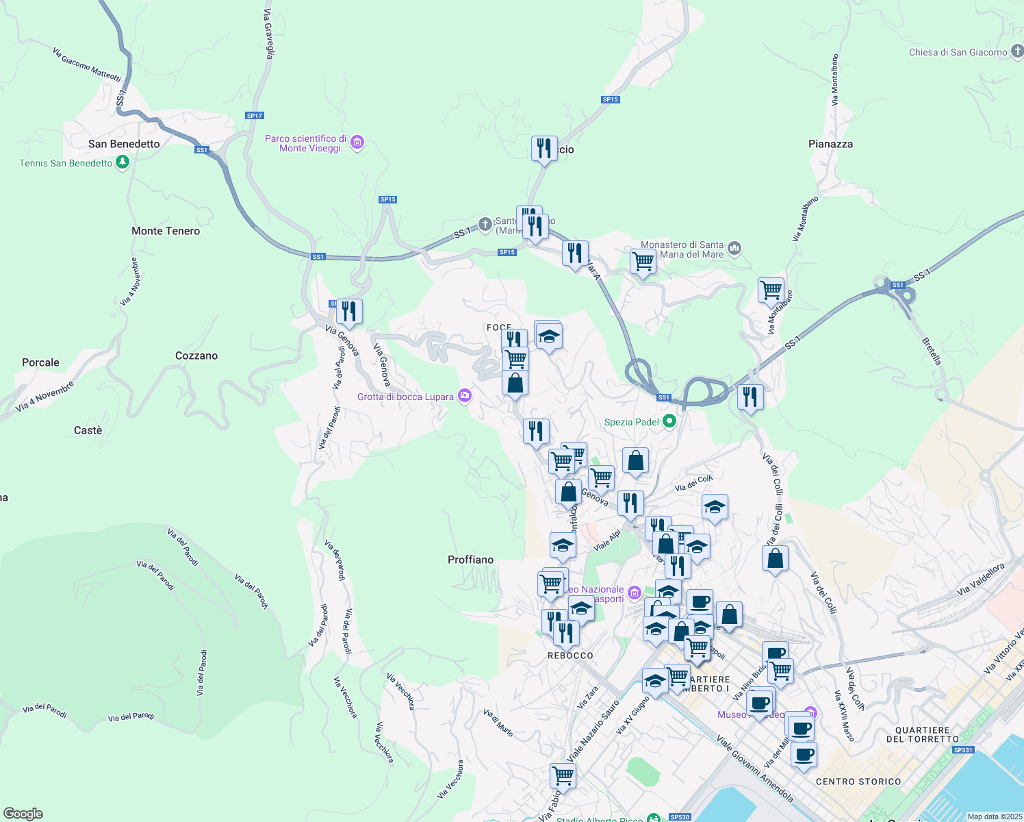 map of restaurants, bars, coffee shops, grocery stores, and more near 285 Via Genova in La Spezia