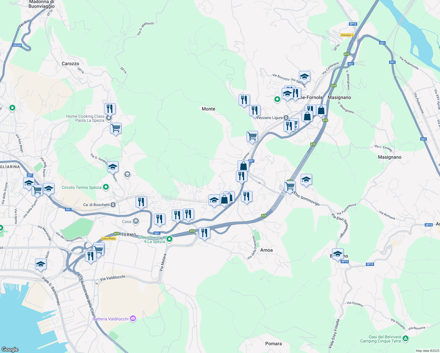 map of restaurants, bars, coffee shops, grocery stores, and more near 15 Via Brigola in La Spezia