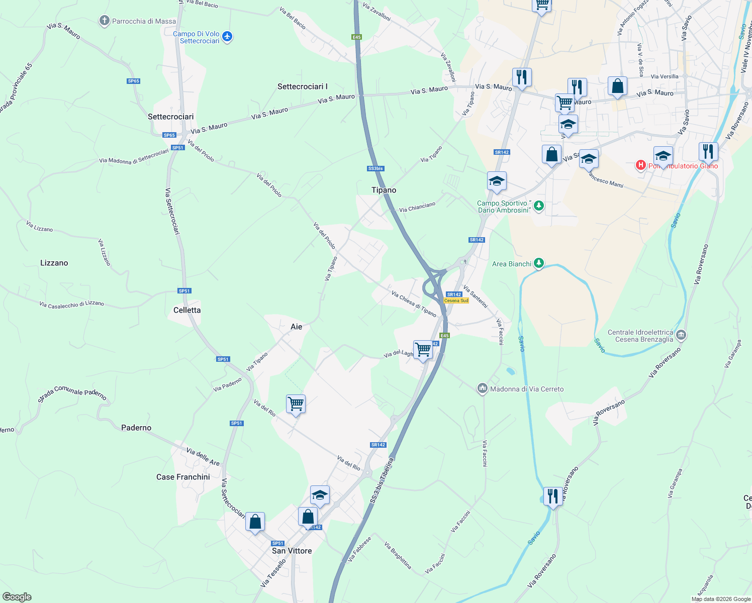 map of restaurants, bars, coffee shops, grocery stores, and more near 460 Via Chiesa di Tipano in Cesena