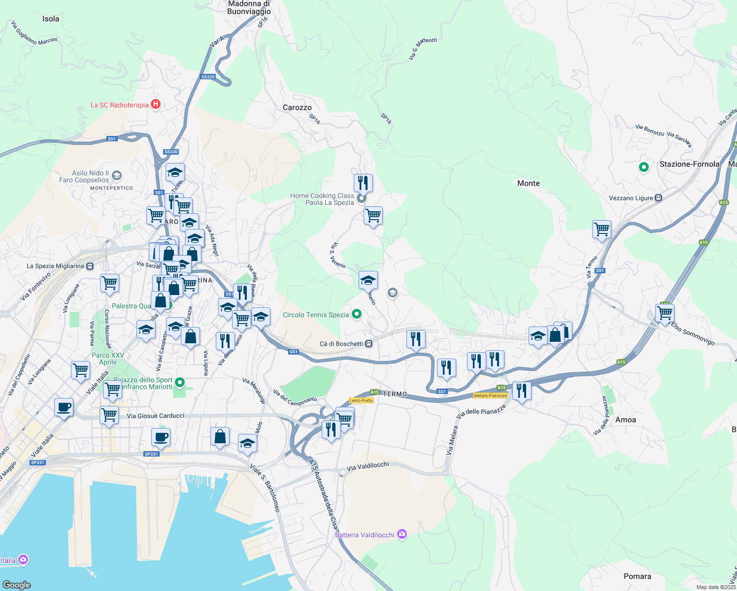 map of restaurants, bars, coffee shops, grocery stores, and more near 63 Via San Venerio in La Spezia