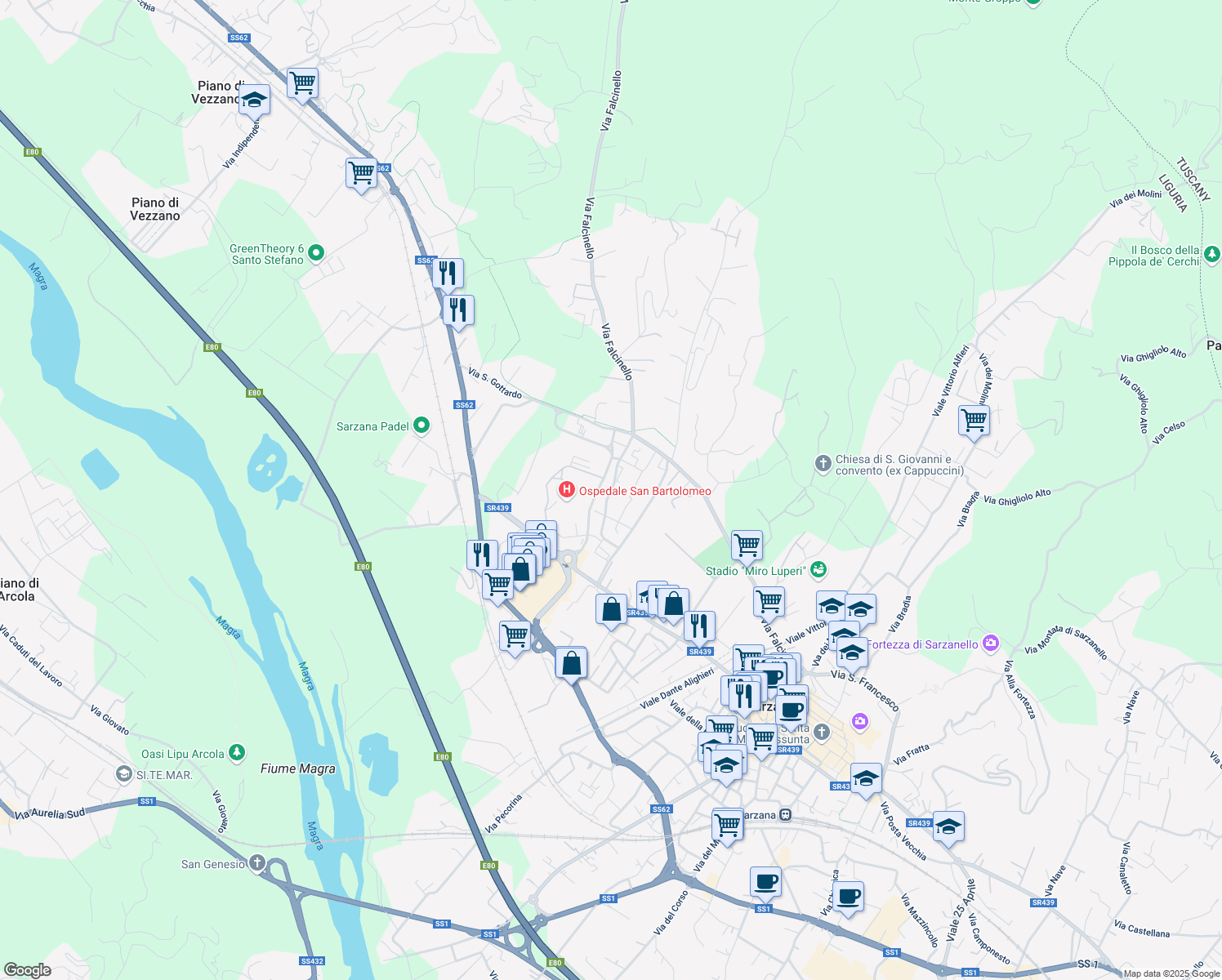 map of restaurants, bars, coffee shops, grocery stores, and more near 37 Vicolo Turì in Sarzana