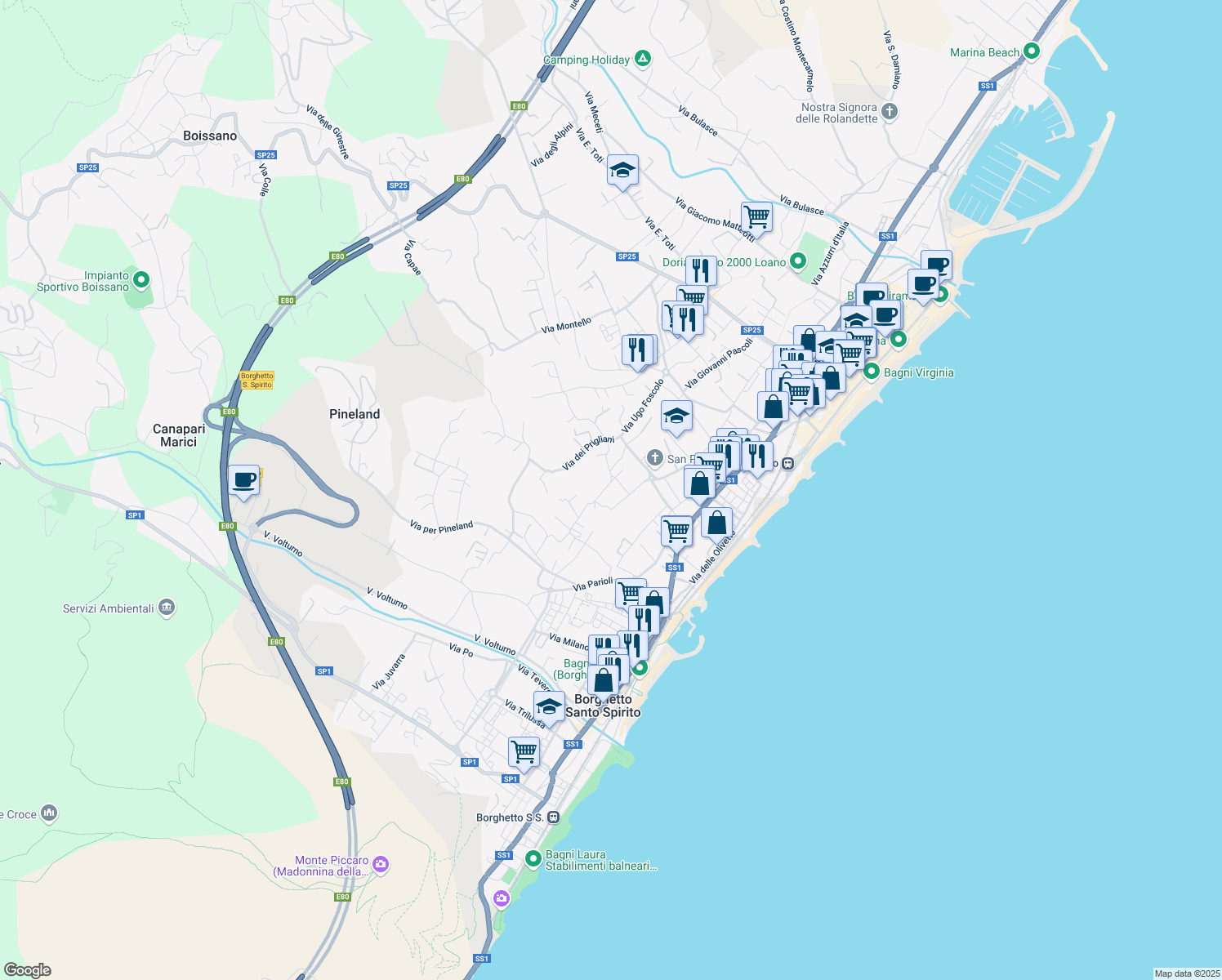 map of restaurants, bars, coffee shops, grocery stores, and more near 20 Via Como in Loano