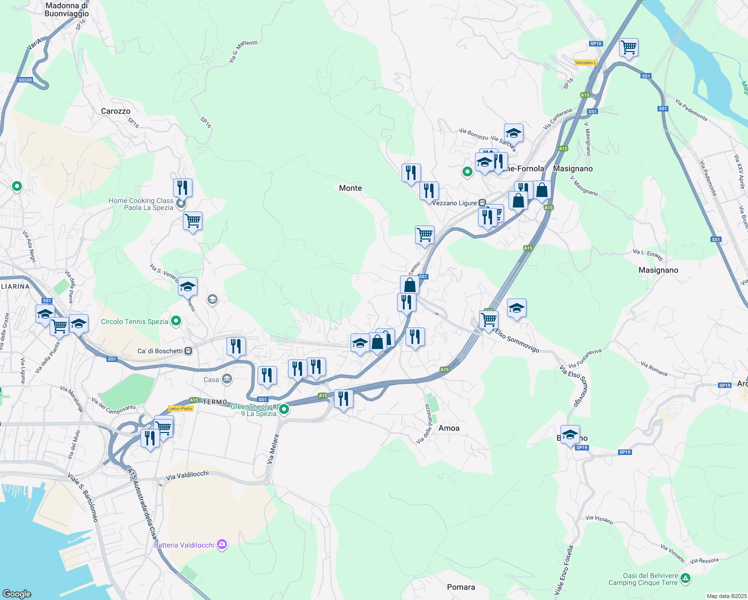 map of restaurants, bars, coffee shops, grocery stores, and more near 15 Via Brigola in La Spezia