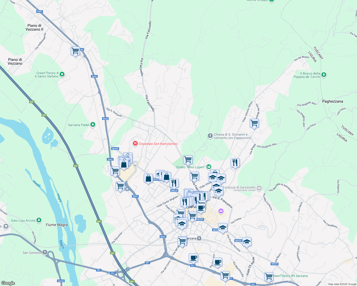 map of restaurants, bars, coffee shops, grocery stores, and more near 36 Via Triboli in Sarzana