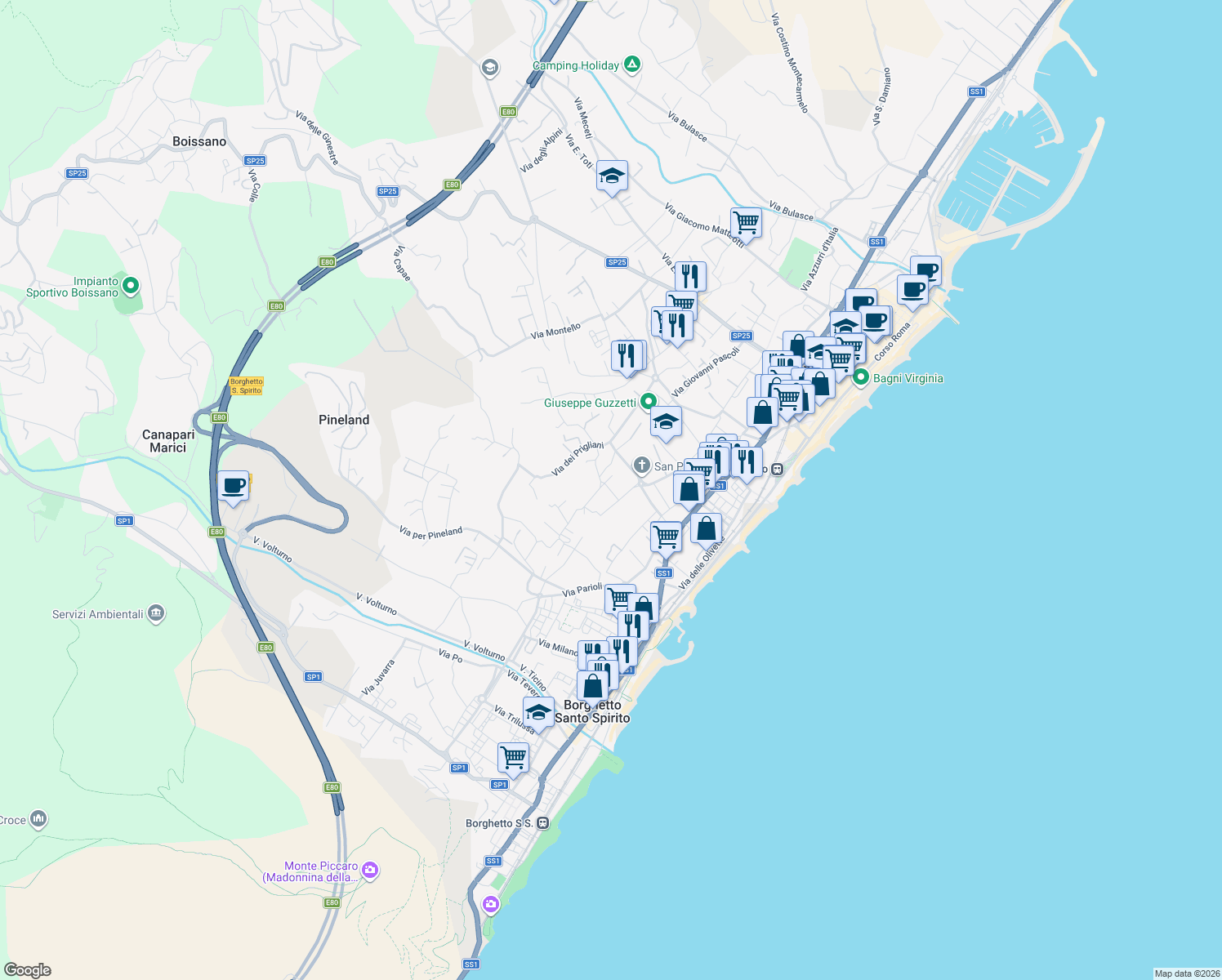 map of restaurants, bars, coffee shops, grocery stores, and more near 20 Via Como in Loano
