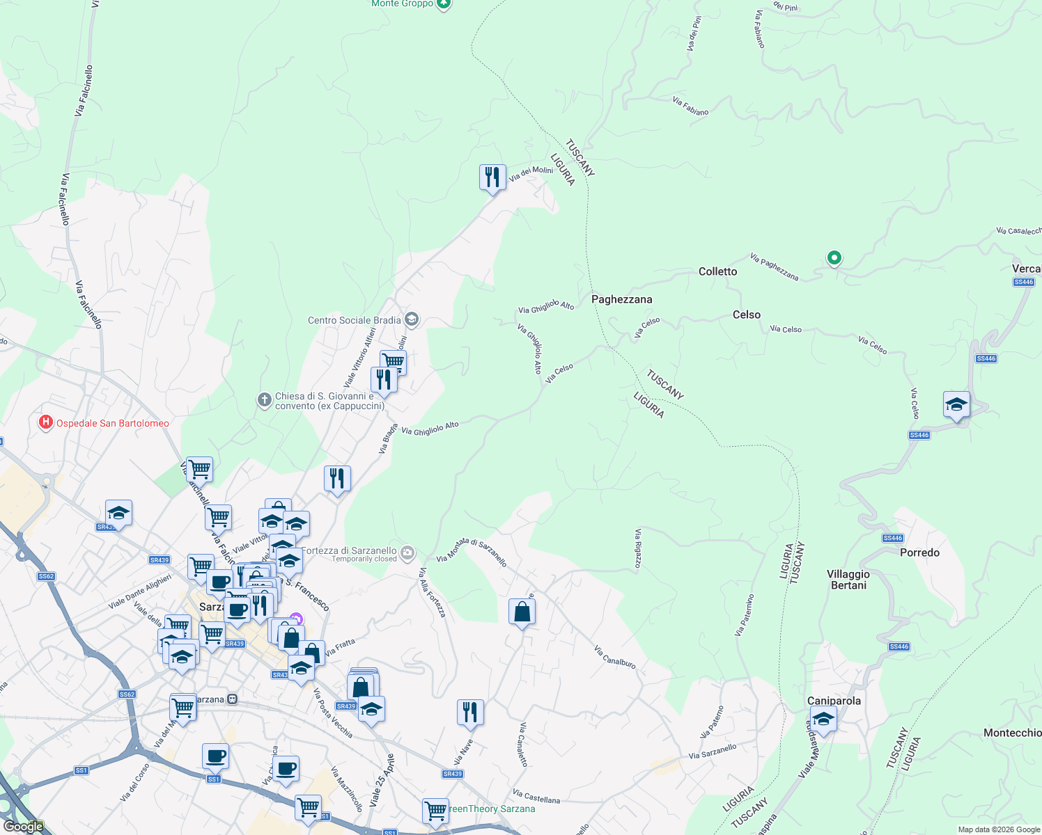 map of restaurants, bars, coffee shops, grocery stores, and more near 26 Via Ghigliolo Alto in Sarzana