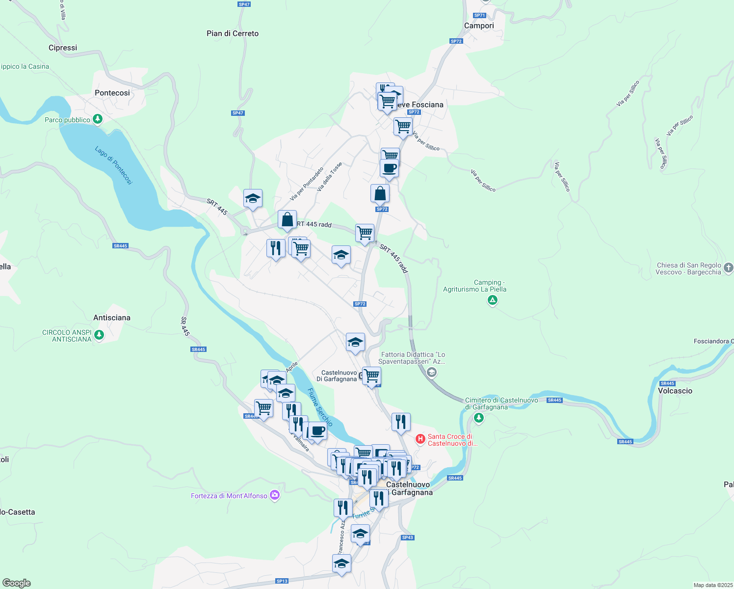 map of restaurants, bars, coffee shops, grocery stores, and more near Via del Passo delle Radici in Castelnuovo di Garfagnana