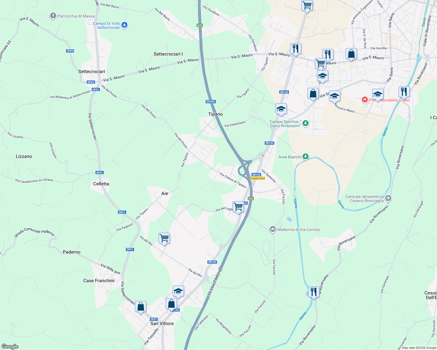 map of restaurants, bars, coffee shops, grocery stores, and more near 460 Via Chiesa di Tipano in Cesena