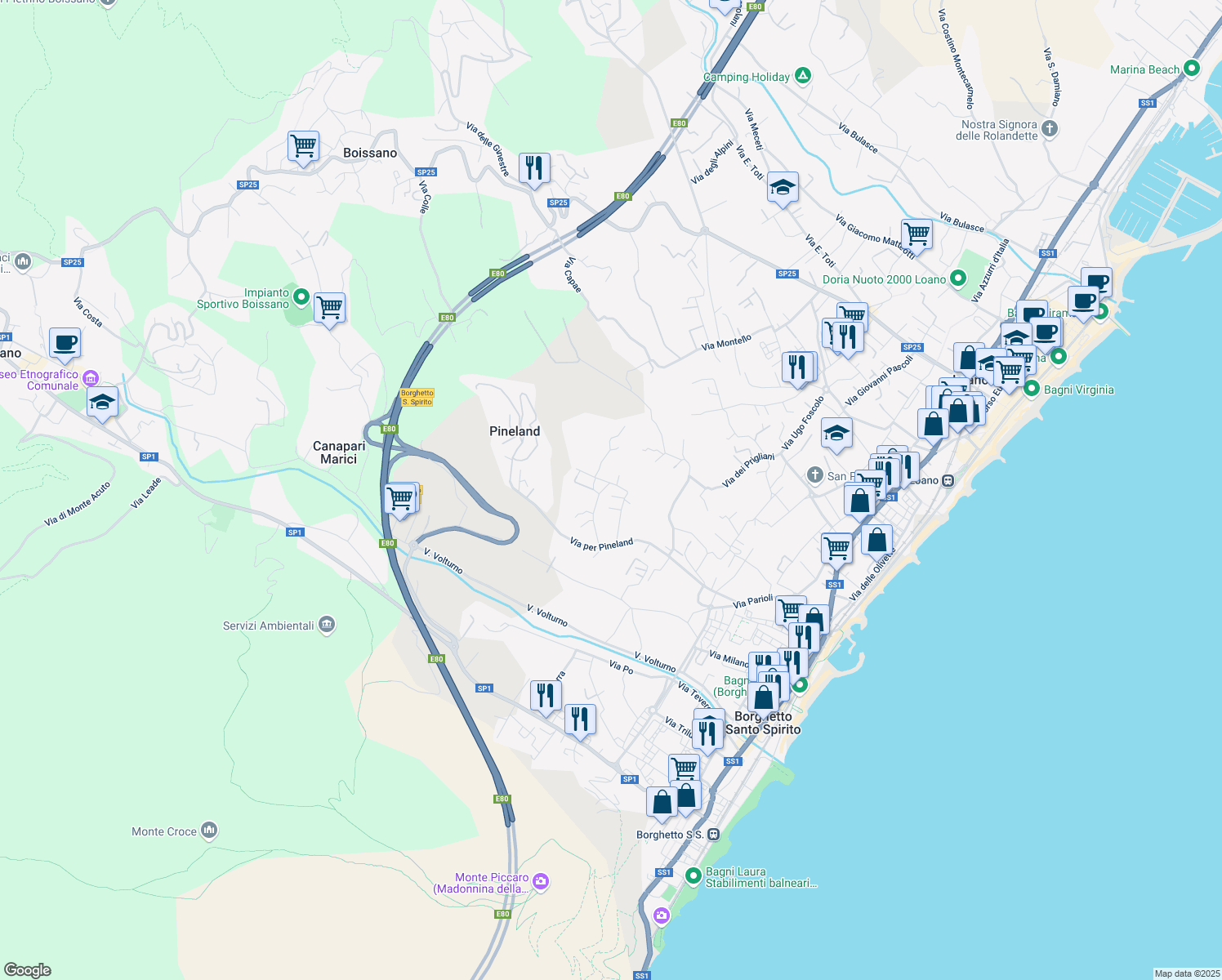 map of restaurants, bars, coffee shops, grocery stores, and more near 28 Via Cianastri in Borghetto Santo Spirito