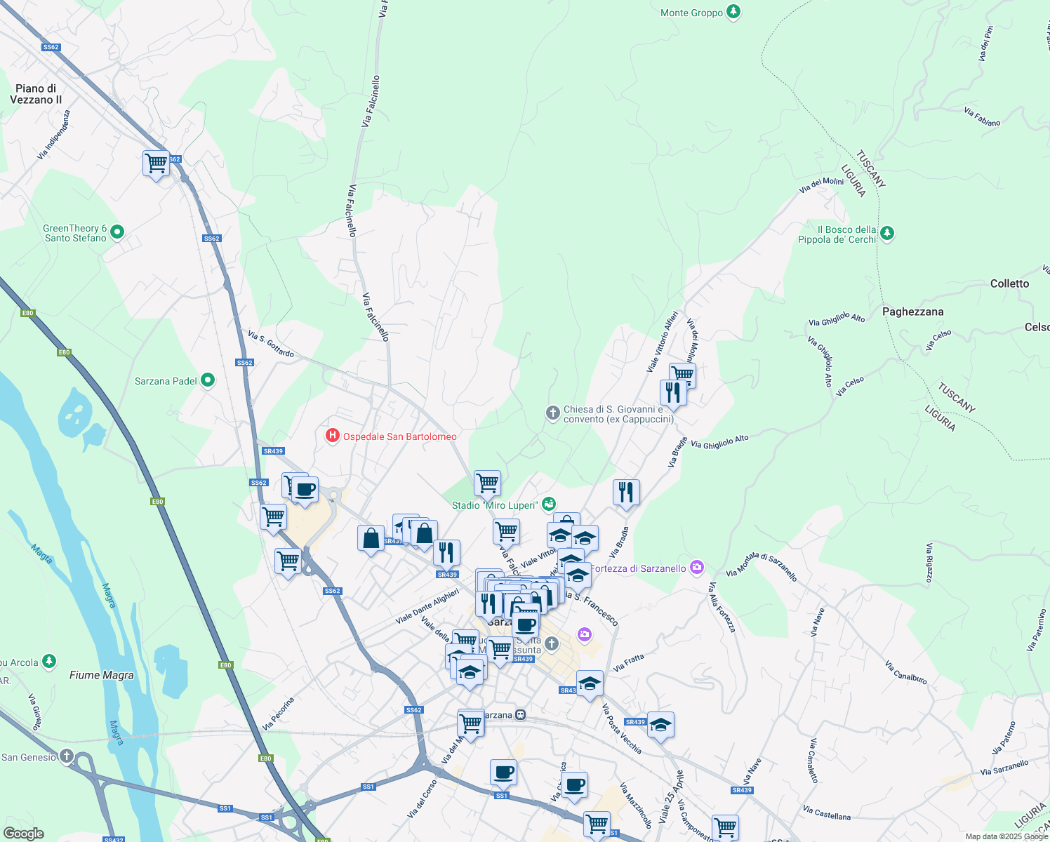 map of restaurants, bars, coffee shops, grocery stores, and more near 2 Via Cappuccini in Sarzana