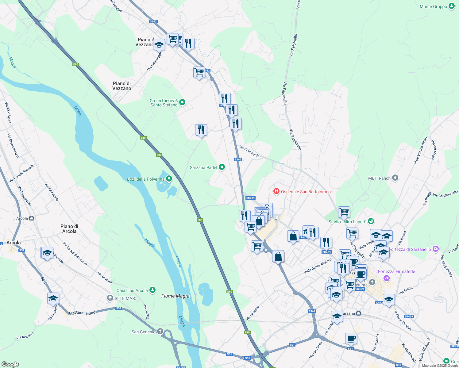 map of restaurants, bars, coffee shops, grocery stores, and more near Strada Statale 62 in Provincia della Spezia