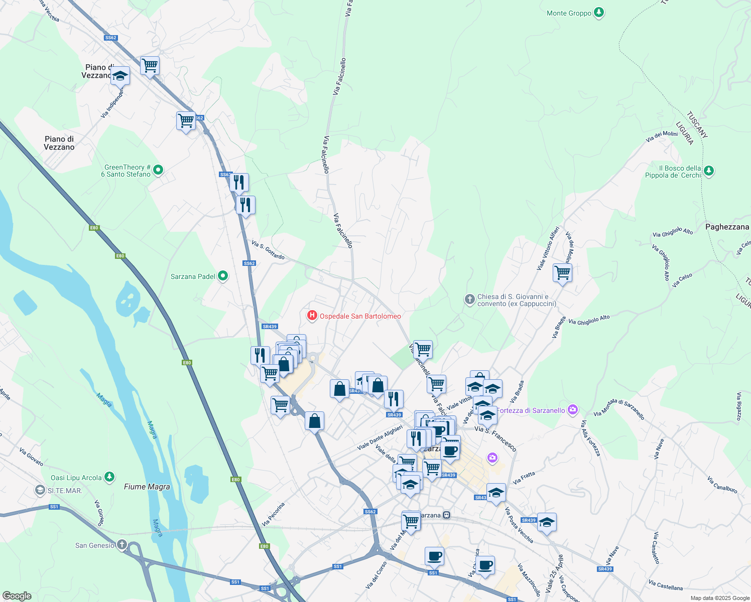 map of restaurants, bars, coffee shops, grocery stores, and more near 79 Via Falcinello in Sarzana