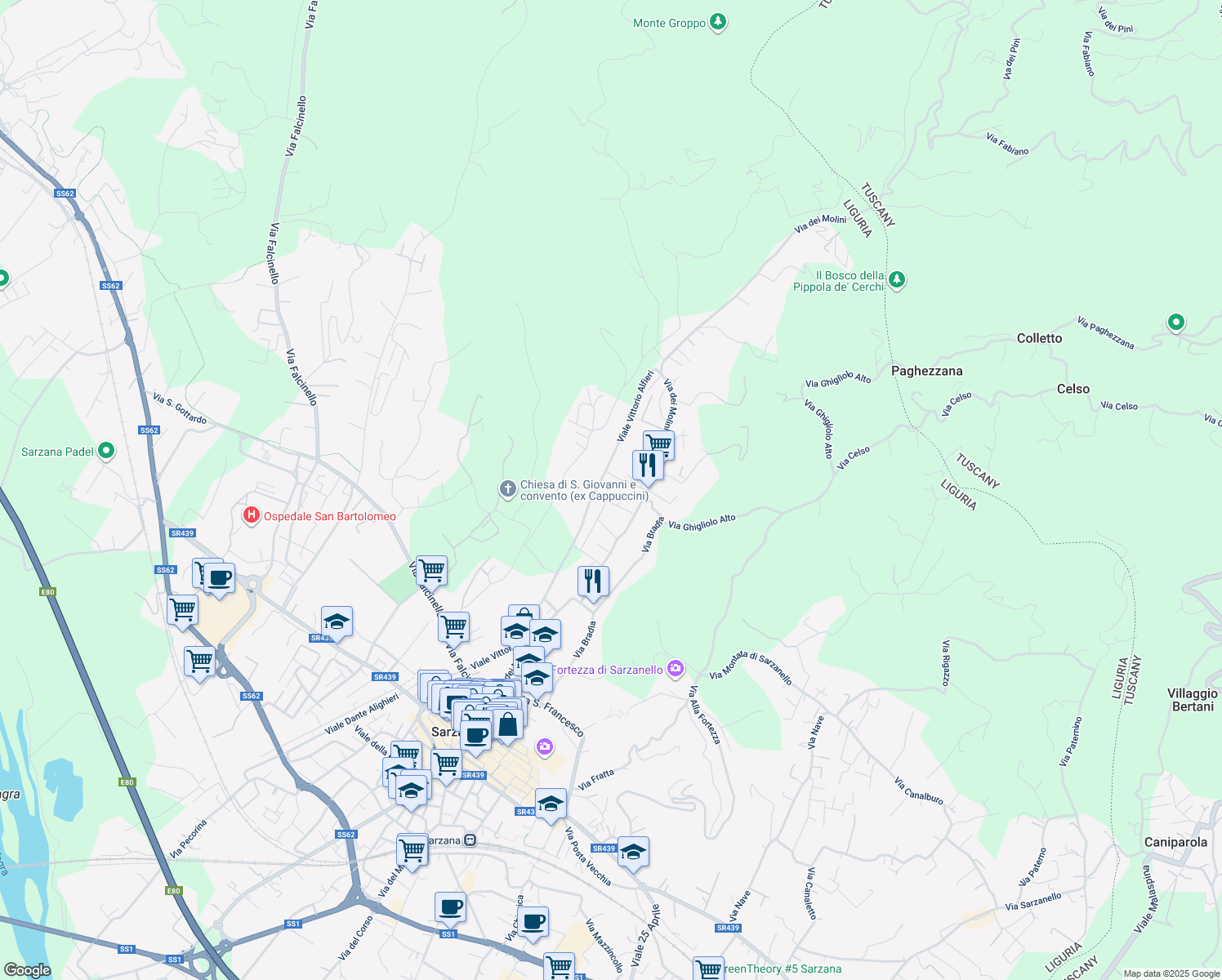 map of restaurants, bars, coffee shops, grocery stores, and more near Viale Vittorio Alfieri in Sarzana