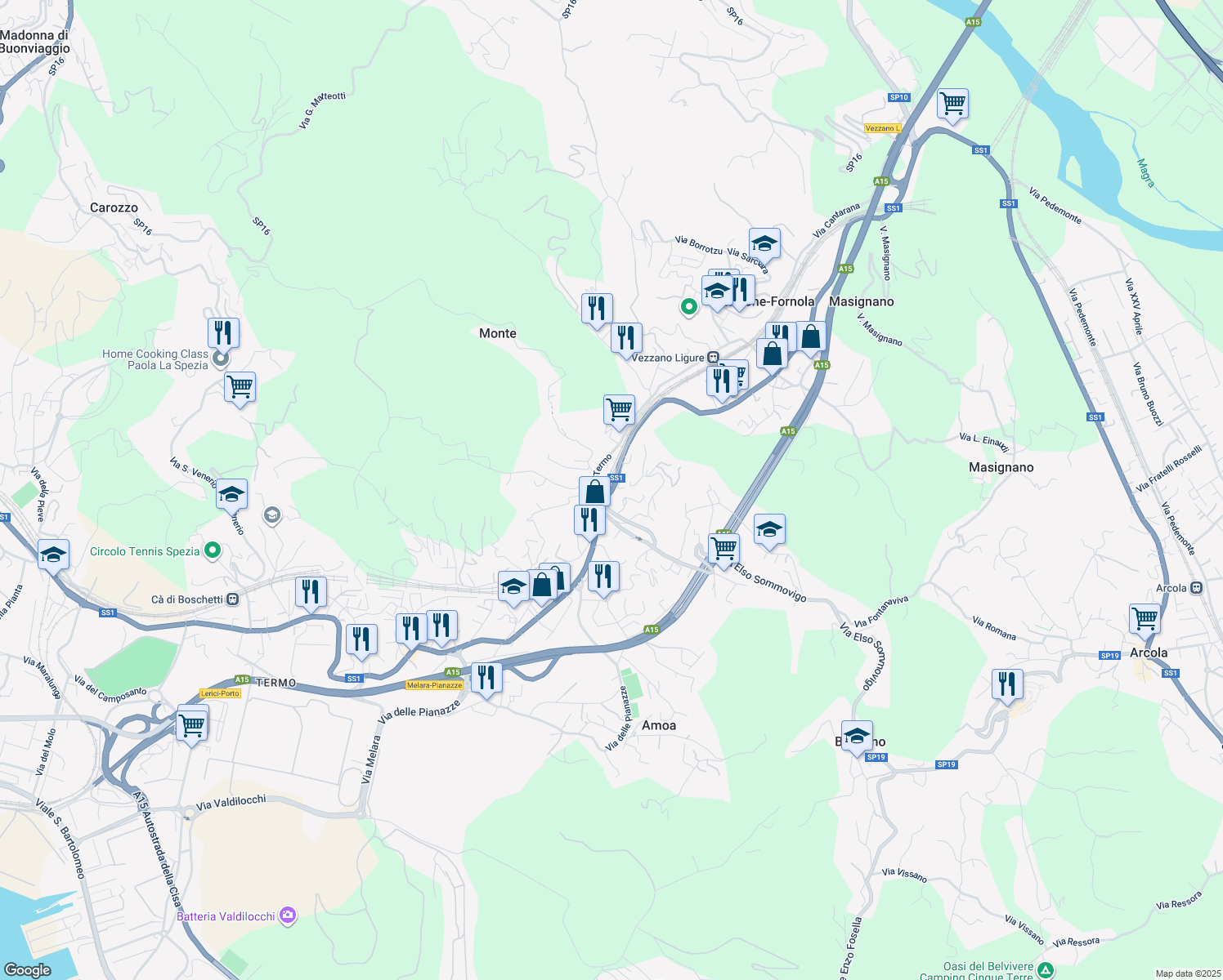 map of restaurants, bars, coffee shops, grocery stores, and more near 115 Via Sarzana in Stazione-fornola