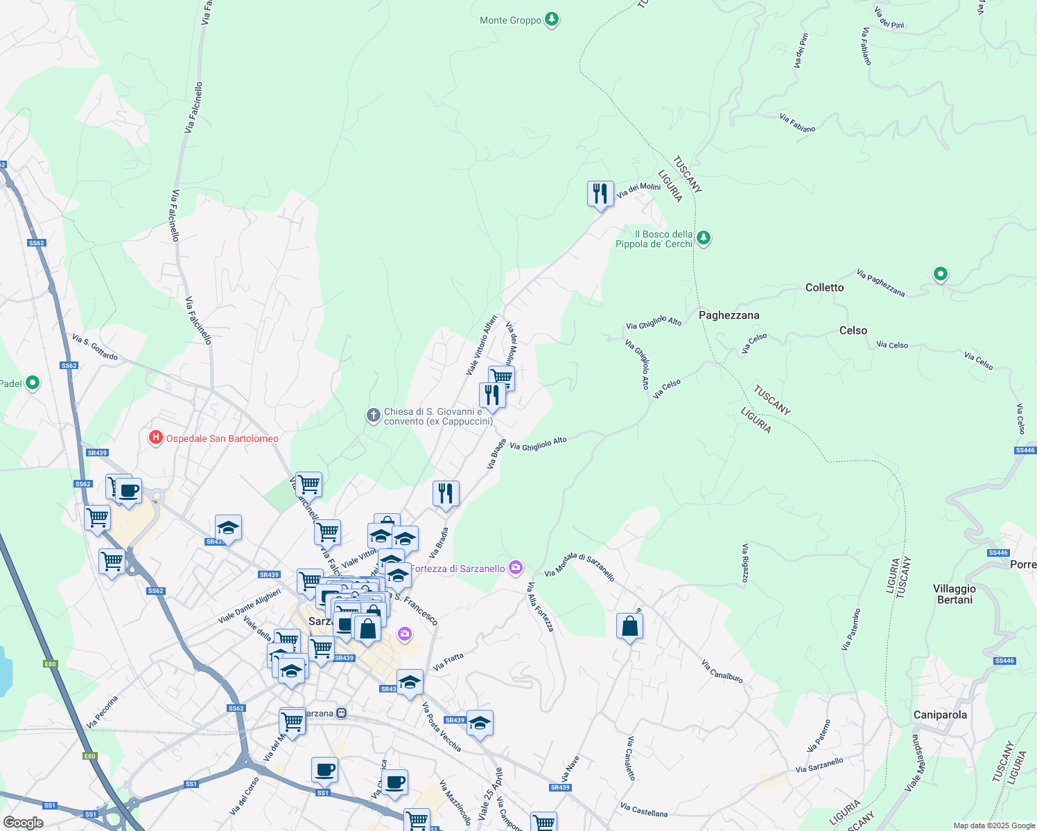 map of restaurants, bars, coffee shops, grocery stores, and more near 136 Via dei Molini in Sarzana