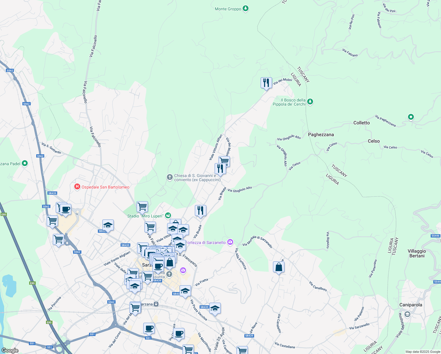 map of restaurants, bars, coffee shops, grocery stores, and more near 327 Via dei Molini in Sarzana
