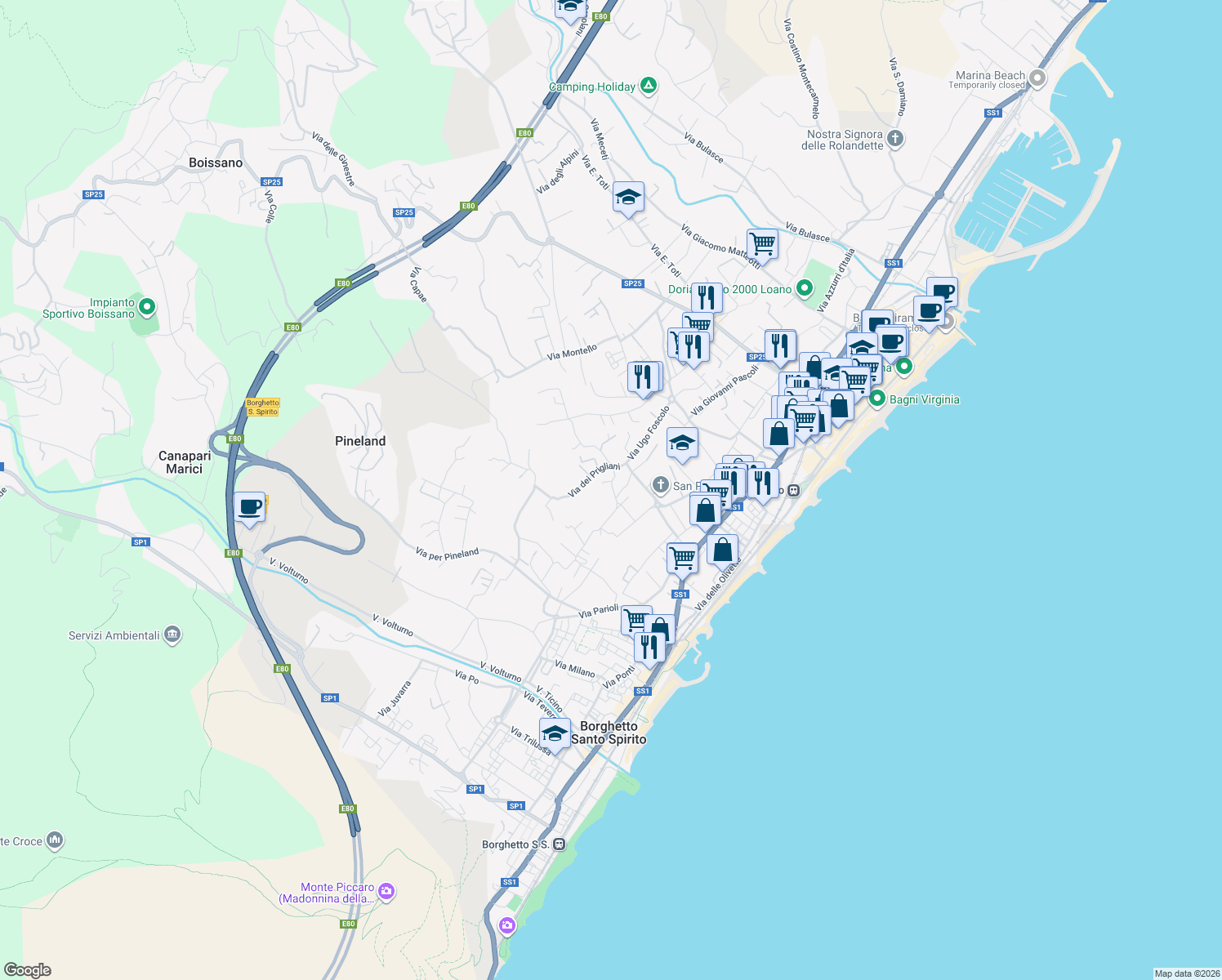 map of restaurants, bars, coffee shops, grocery stores, and more near 4 Via Mantova in Loano