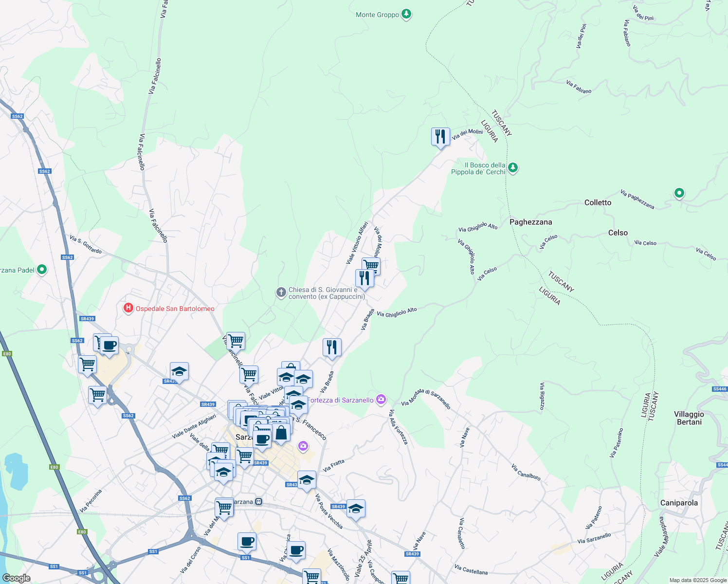 map of restaurants, bars, coffee shops, grocery stores, and more near 315 Via dei Molini in Sarzana