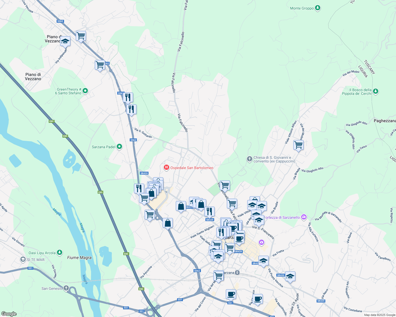 map of restaurants, bars, coffee shops, grocery stores, and more near 79 Via Falcinello in Sarzana