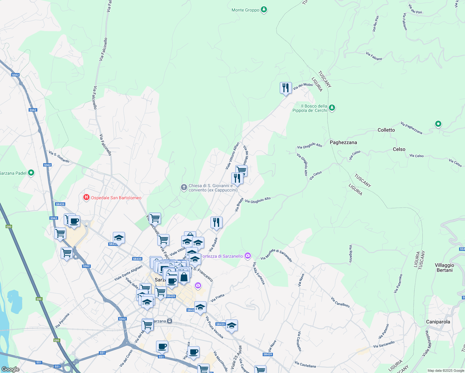 map of restaurants, bars, coffee shops, grocery stores, and more near 315 Via dei Molini in Sarzana