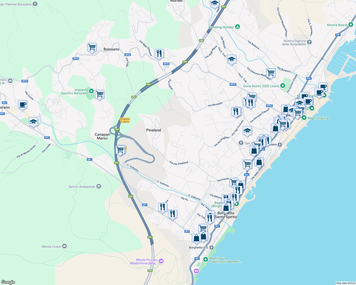 map of restaurants, bars, coffee shops, grocery stores, and more near 28 Via Cianastri in Borghetto Santo Spirito