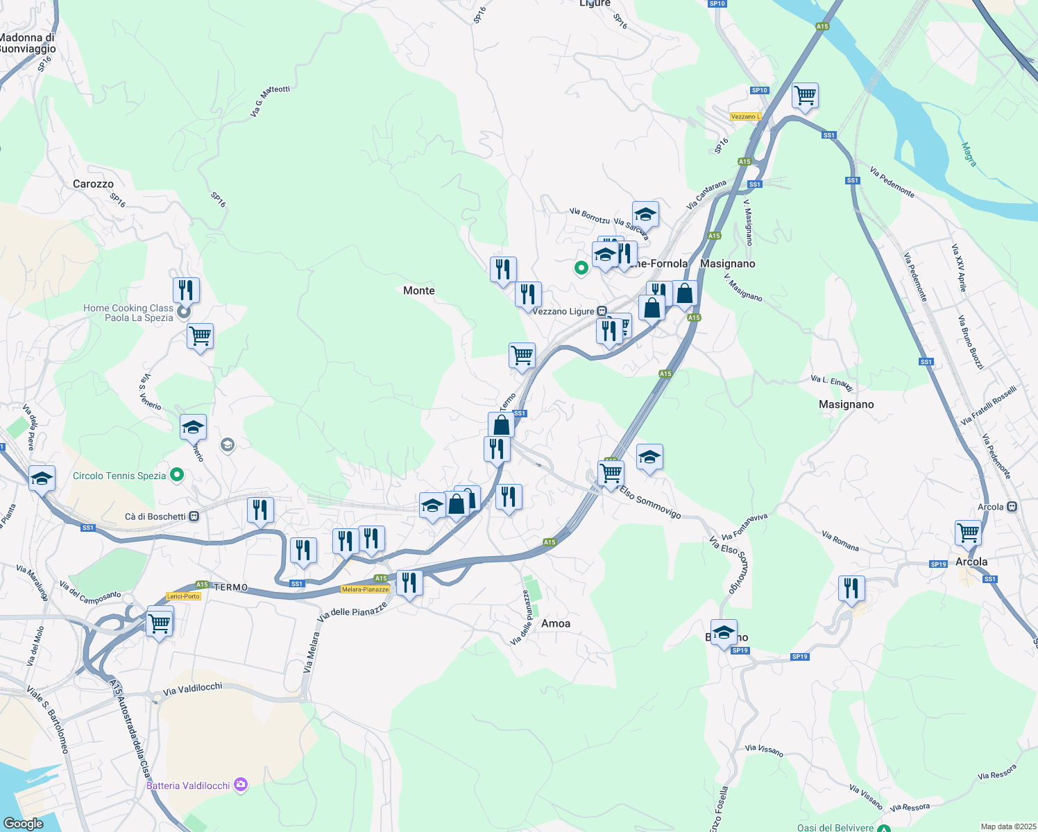 map of restaurants, bars, coffee shops, grocery stores, and more near 115 Via Sarzana in Stazione-fornola