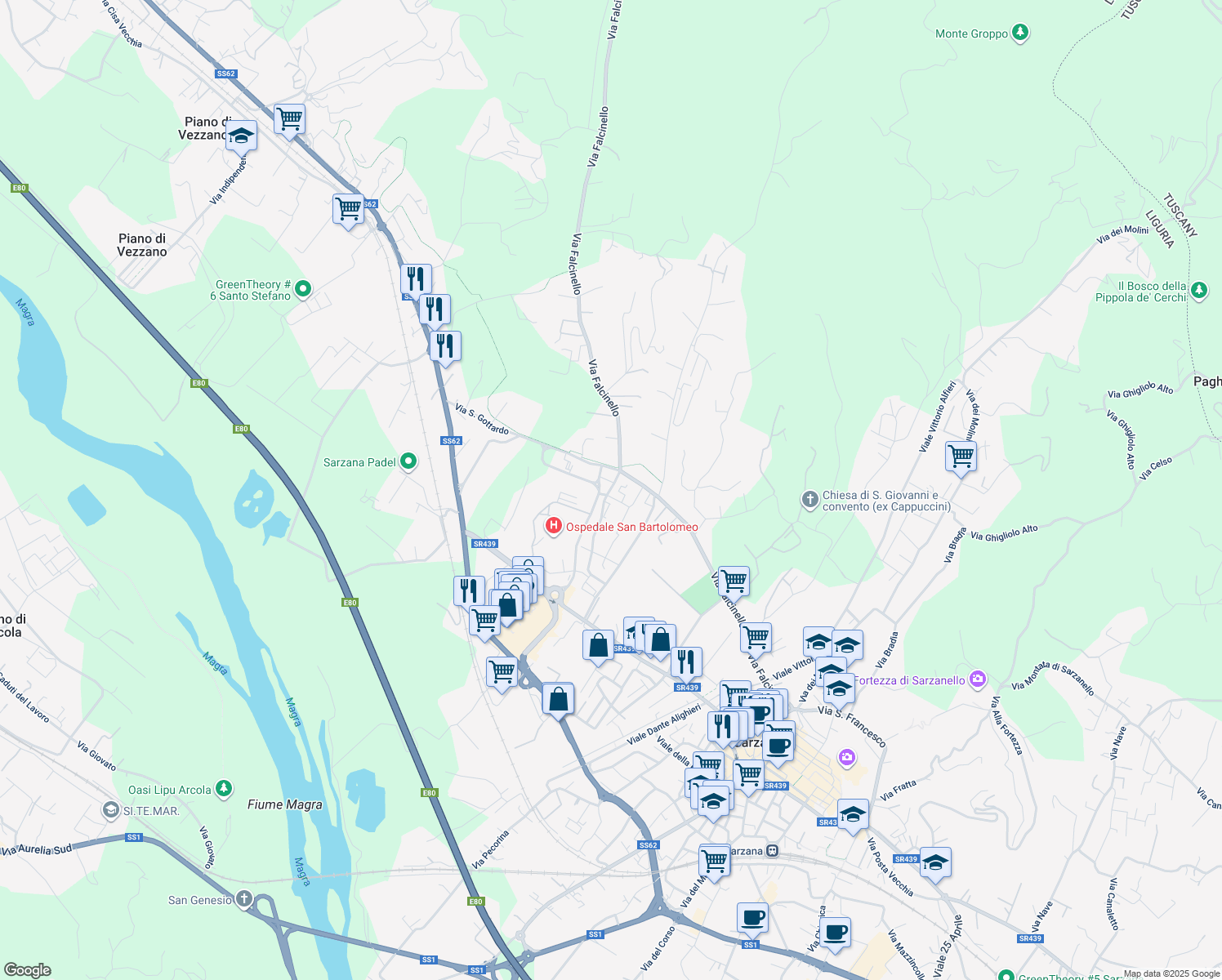 map of restaurants, bars, coffee shops, grocery stores, and more near 58 Vicolo Turì in Sarzana