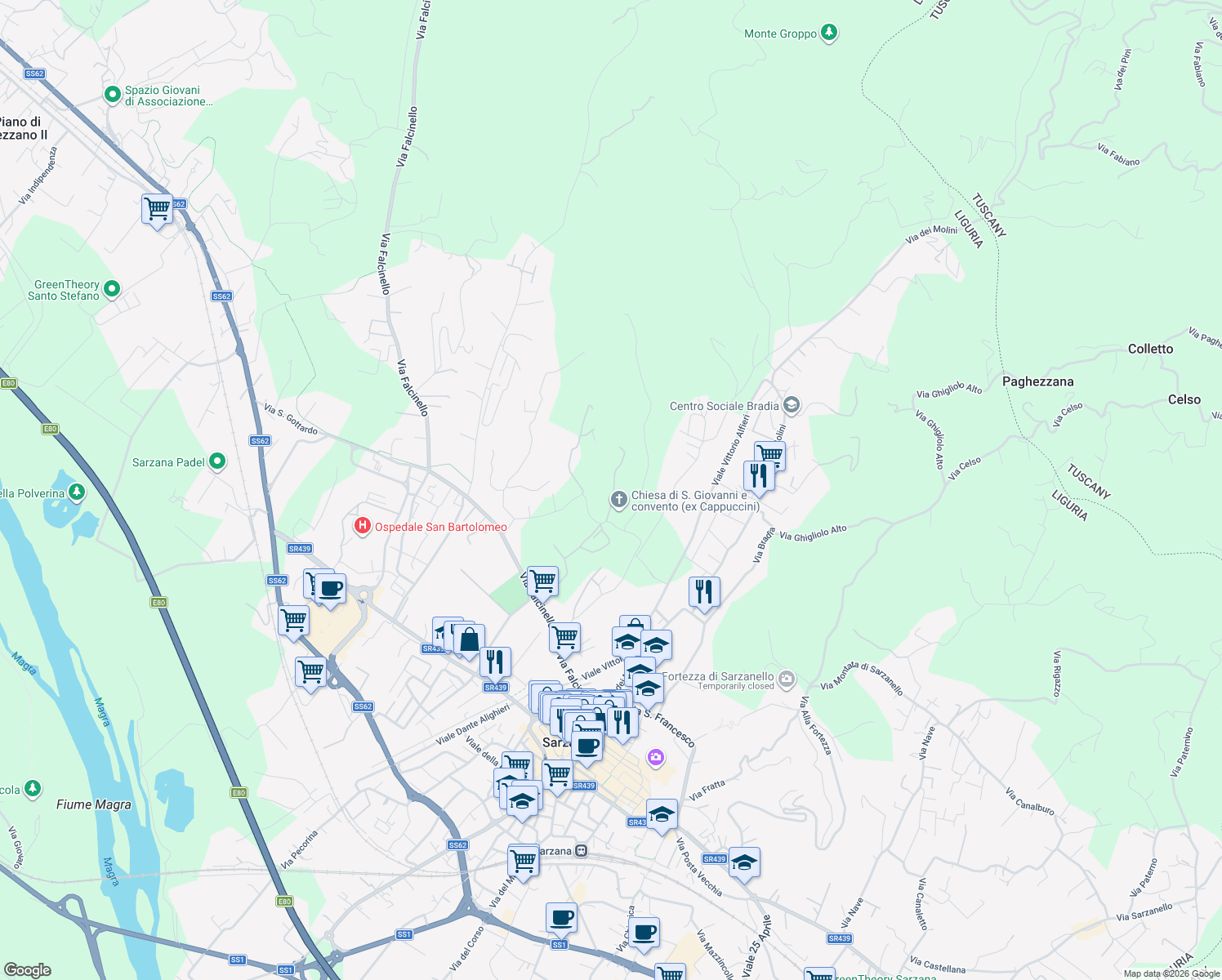 map of restaurants, bars, coffee shops, grocery stores, and more near 9 Via Cappuccini in Sarzana