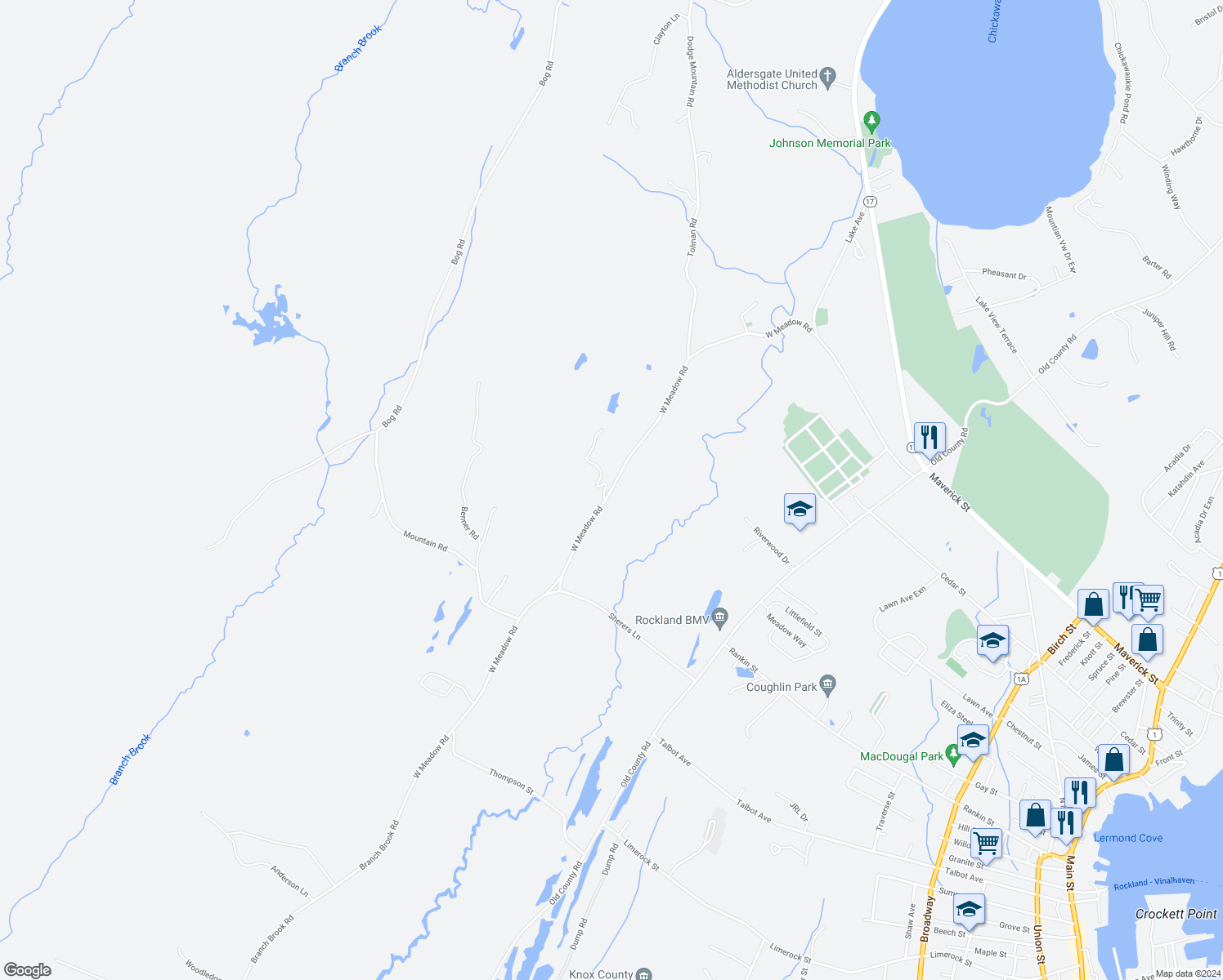map of restaurants, bars, coffee shops, grocery stores, and more near 130 West Meadow Road in Rockland