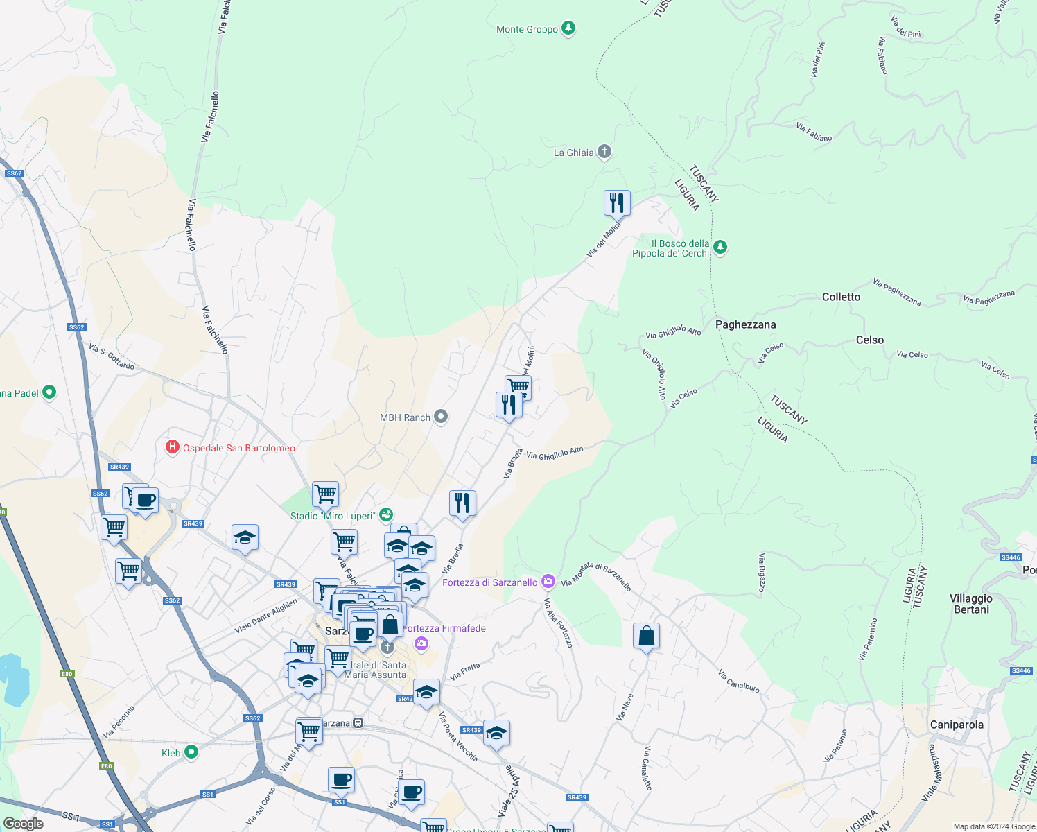 map of restaurants, bars, coffee shops, grocery stores, and more near 327 Via dei Molini in Sarzana