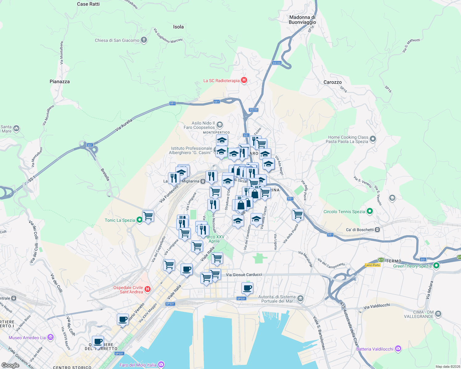 map of restaurants, bars, coffee shops, grocery stores, and more near 718 Via Lunigiana in La Spezia