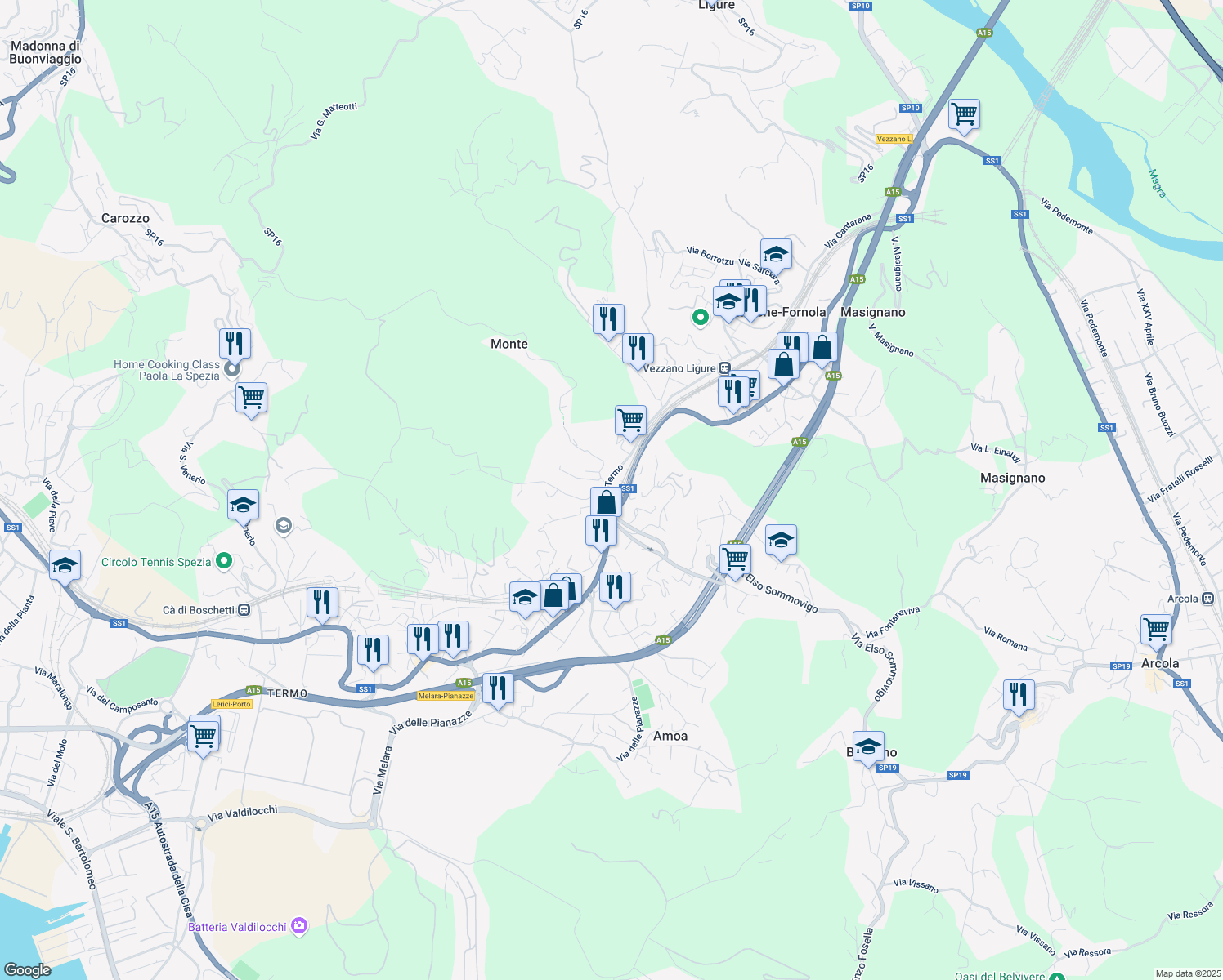 map of restaurants, bars, coffee shops, grocery stores, and more near 115 Via Sarzana in Stazione-fornola