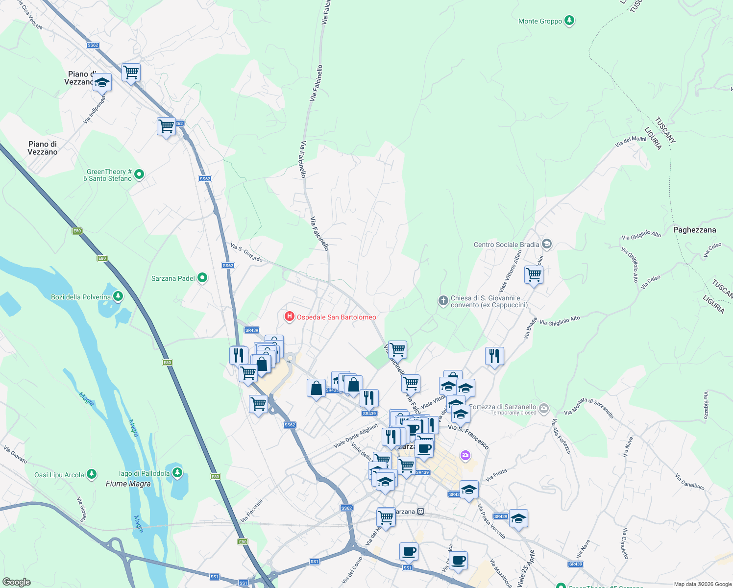 map of restaurants, bars, coffee shops, grocery stores, and more near 11 Via Triboli in Sarzana