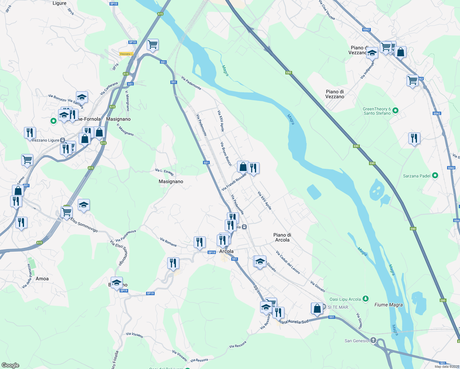 map of restaurants, bars, coffee shops, grocery stores, and more near Via Pedemonte in Arcola