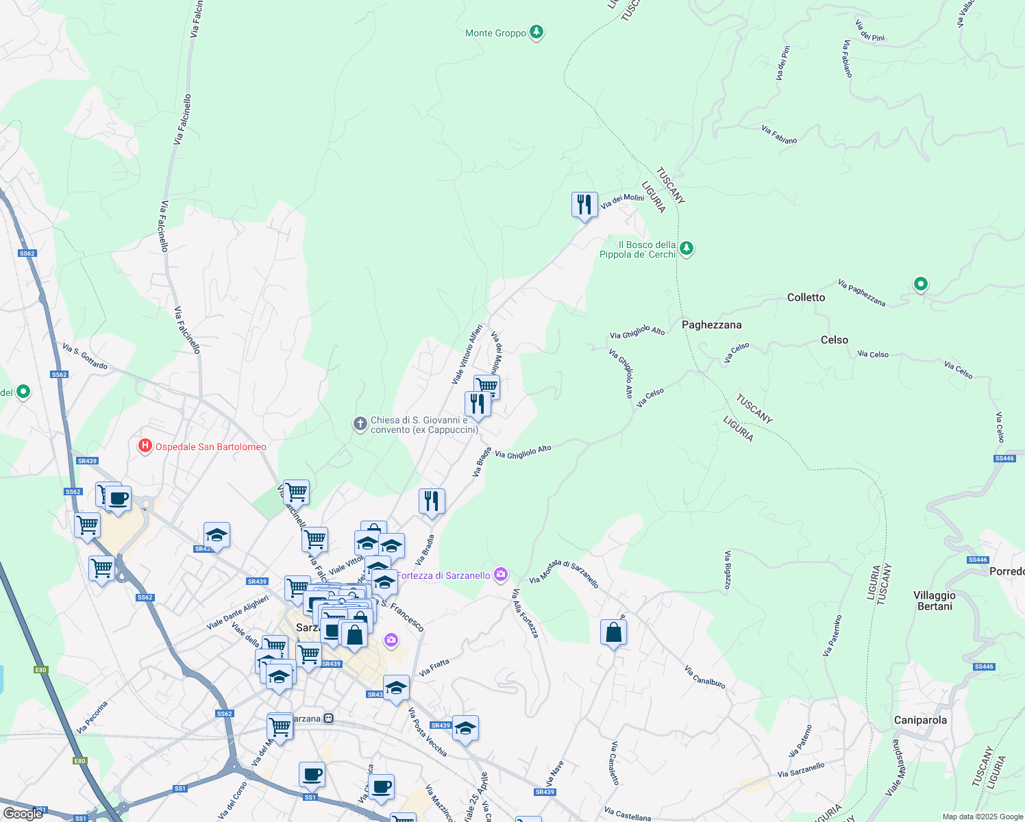 map of restaurants, bars, coffee shops, grocery stores, and more near 136 Via dei Molini in Sarzana
