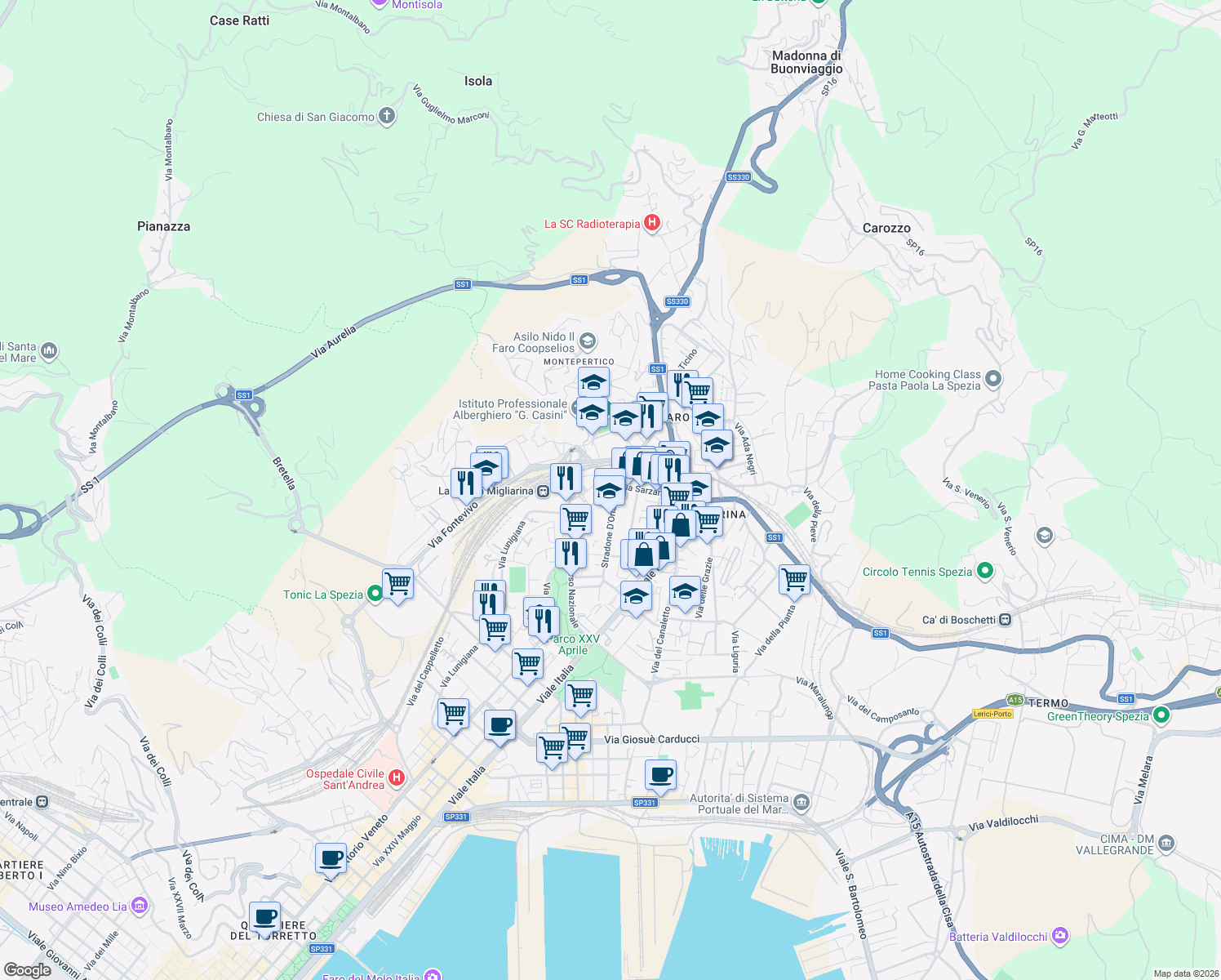 map of restaurants, bars, coffee shops, grocery stores, and more near 718 Via Lunigiana in La Spezia